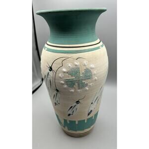 Pottery Vase Mark Nowak Signed Artist Aqua Blue White Bug Hand Painted NA 13"